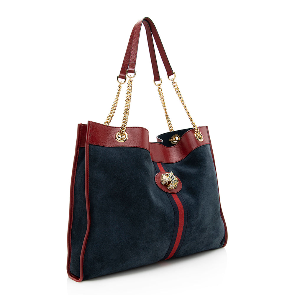 Gucci Rajah SHF Suede Nylon Blue Red Tote Bag