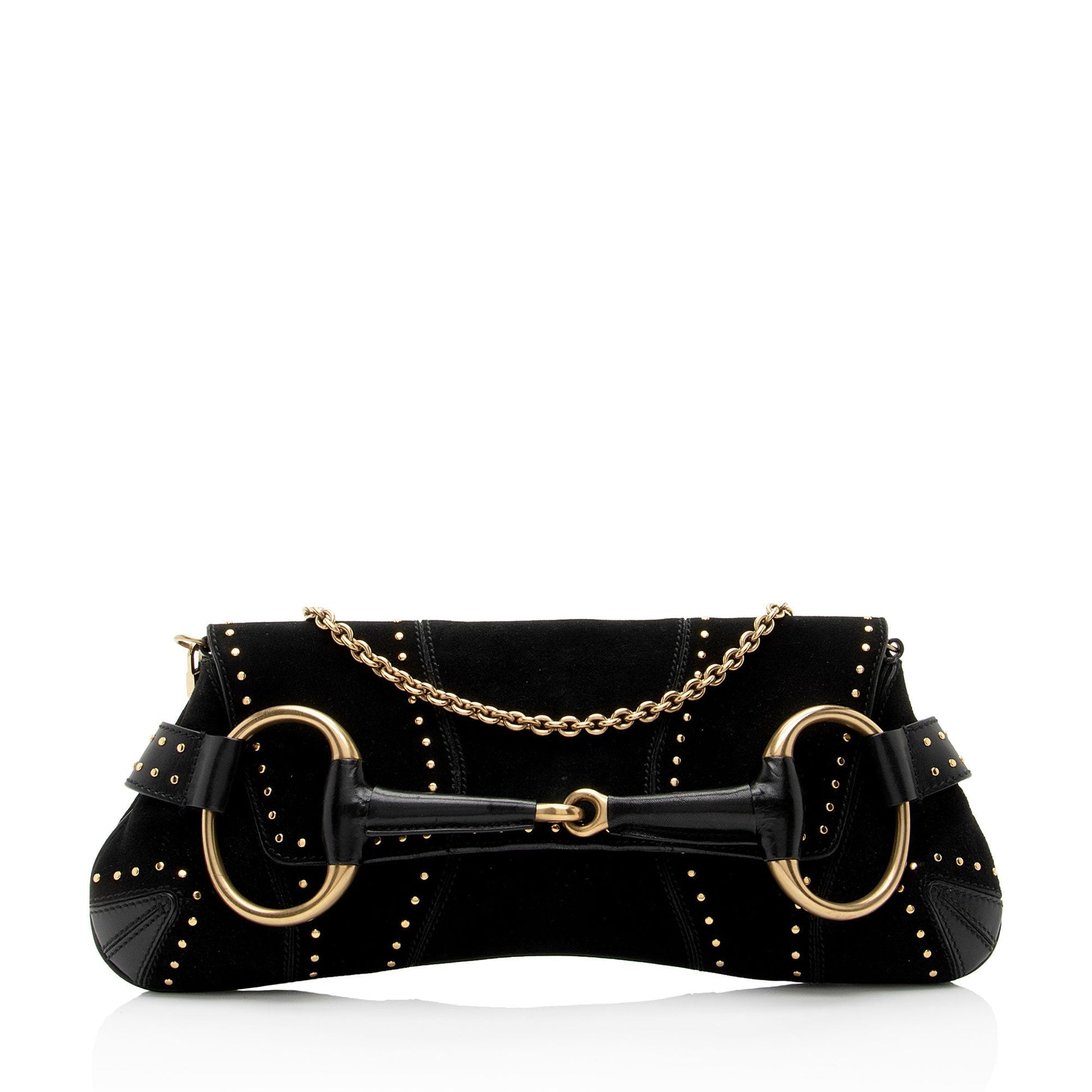 Gucci Studded Horsebit SHF-myTX76 Leather Suede Black Clutch Bag