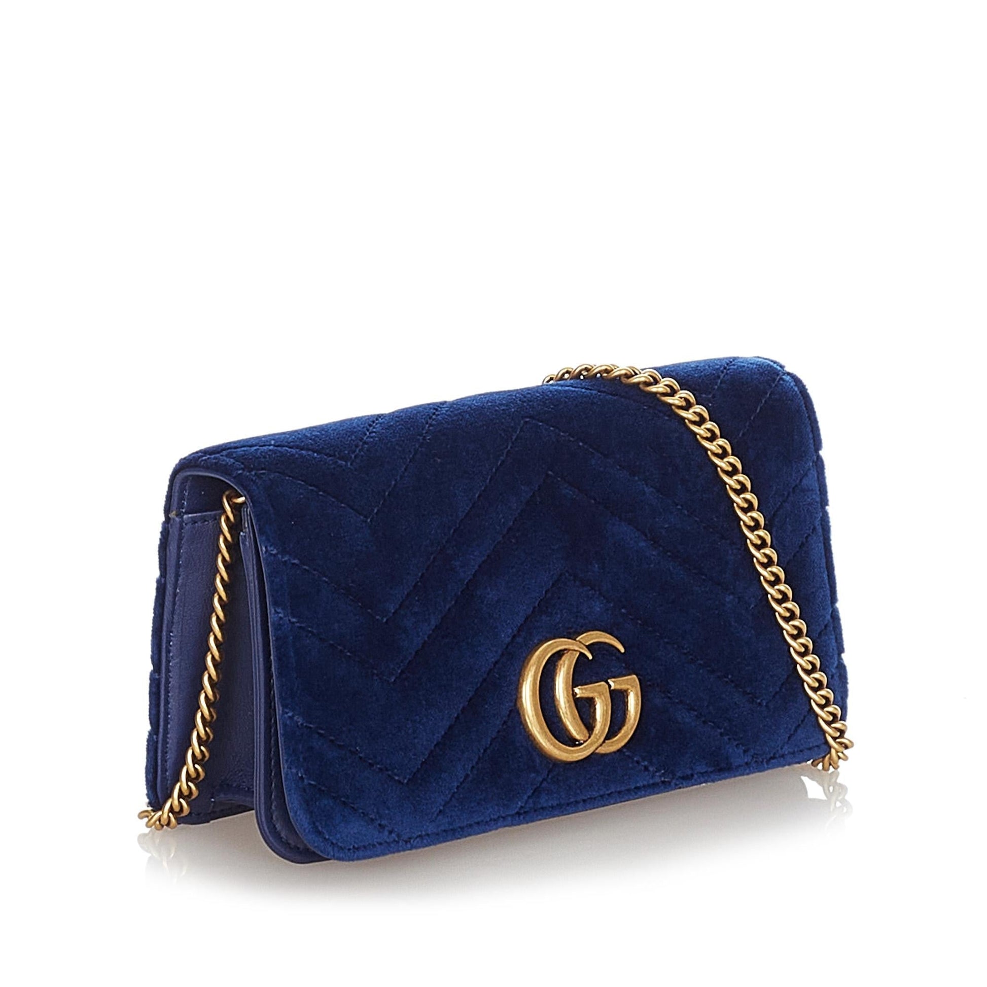 Gucci Super GG Marmont Velvet SHG Blue Mini Crossbody Bag