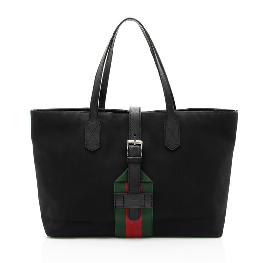 Gucci Techno Web Buckle Canvas Nylon Black Large Tote Bag