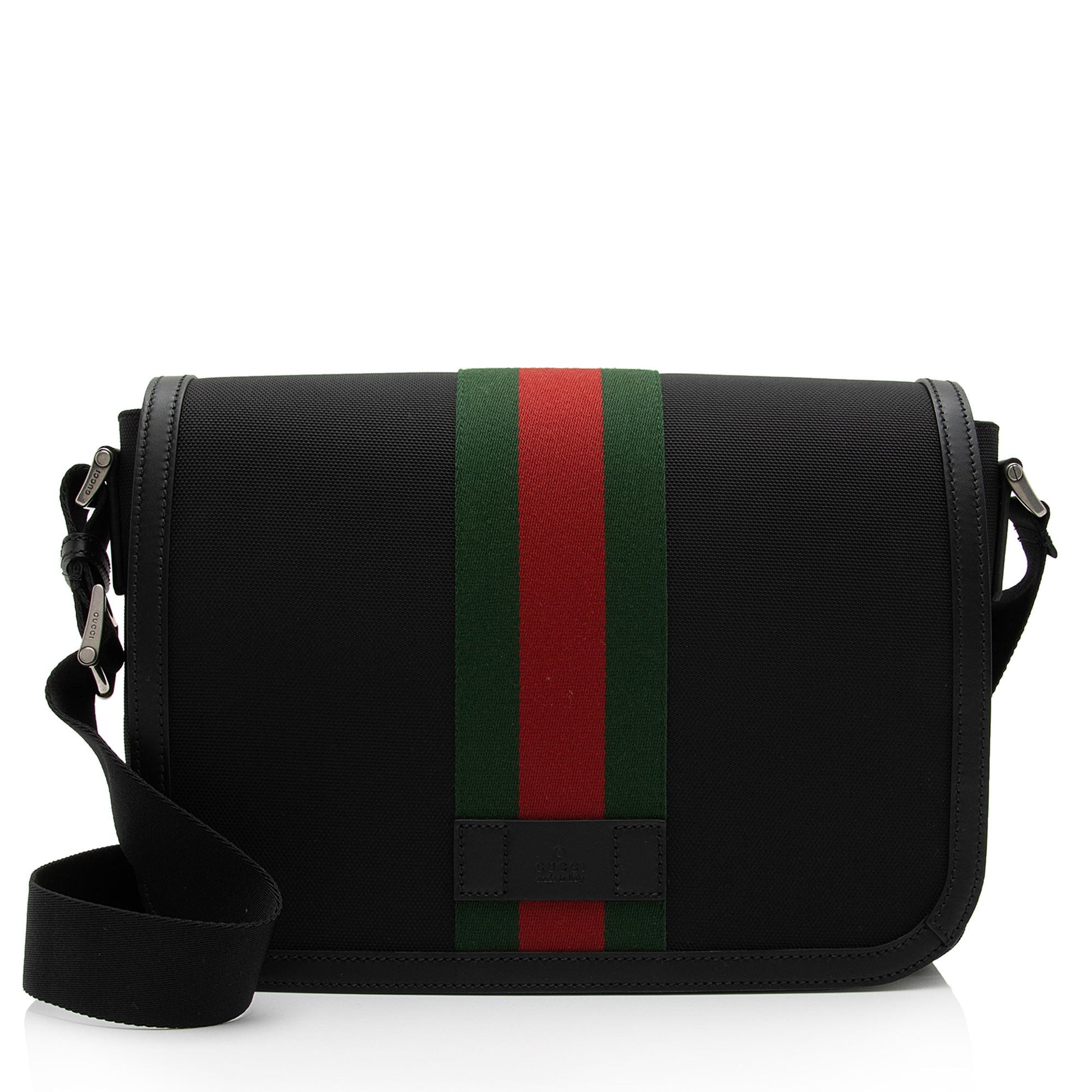 Gucci Techno Web Flap Messenger SHF-aNV2dn Leather Canvas Nylon Black Shoulder Bag