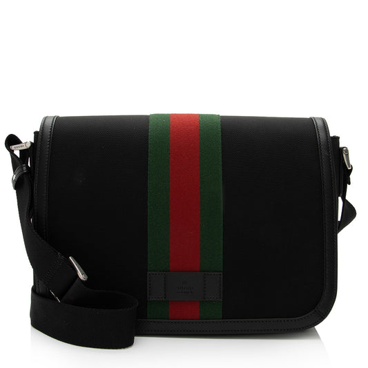 Gucci Techno Web Flap Messenger SHF-TK0IAS Leather Canvas Nylon Black Shoulder Bag