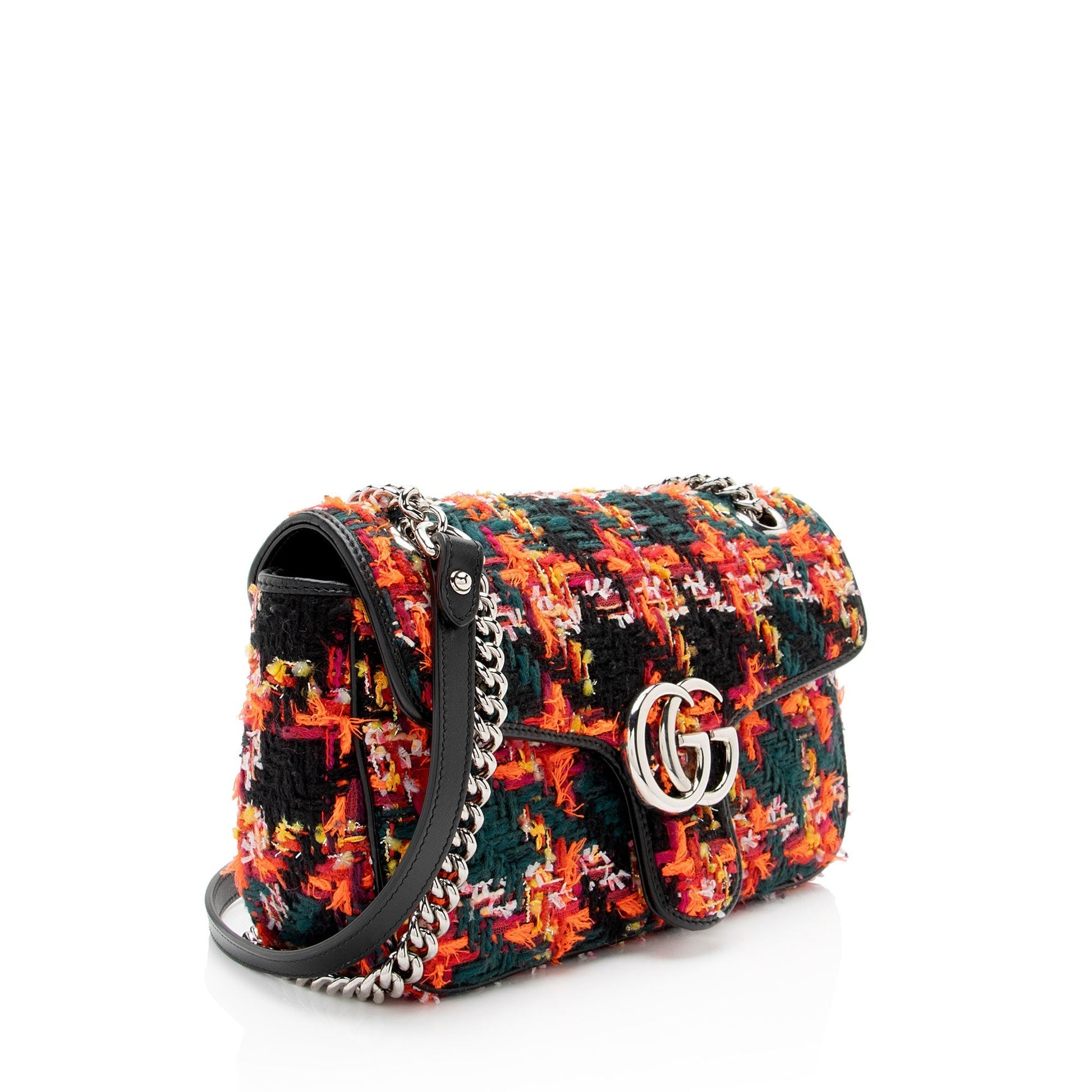 Gucci Tweed GG Marmont Flap Leather Black Red Small Crossbody Bag