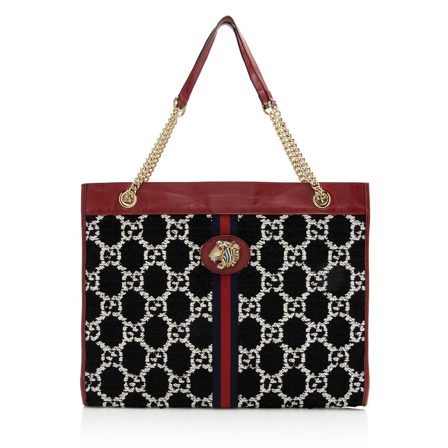 Gucci Tweed Rajah SHF Leather Nylon Black White Tote Bag