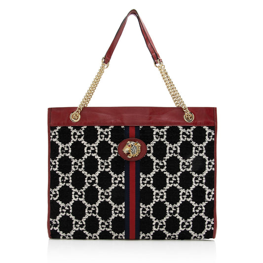Gucci Tweed Rajah SHF Leather Nylon Black White Tote Bag