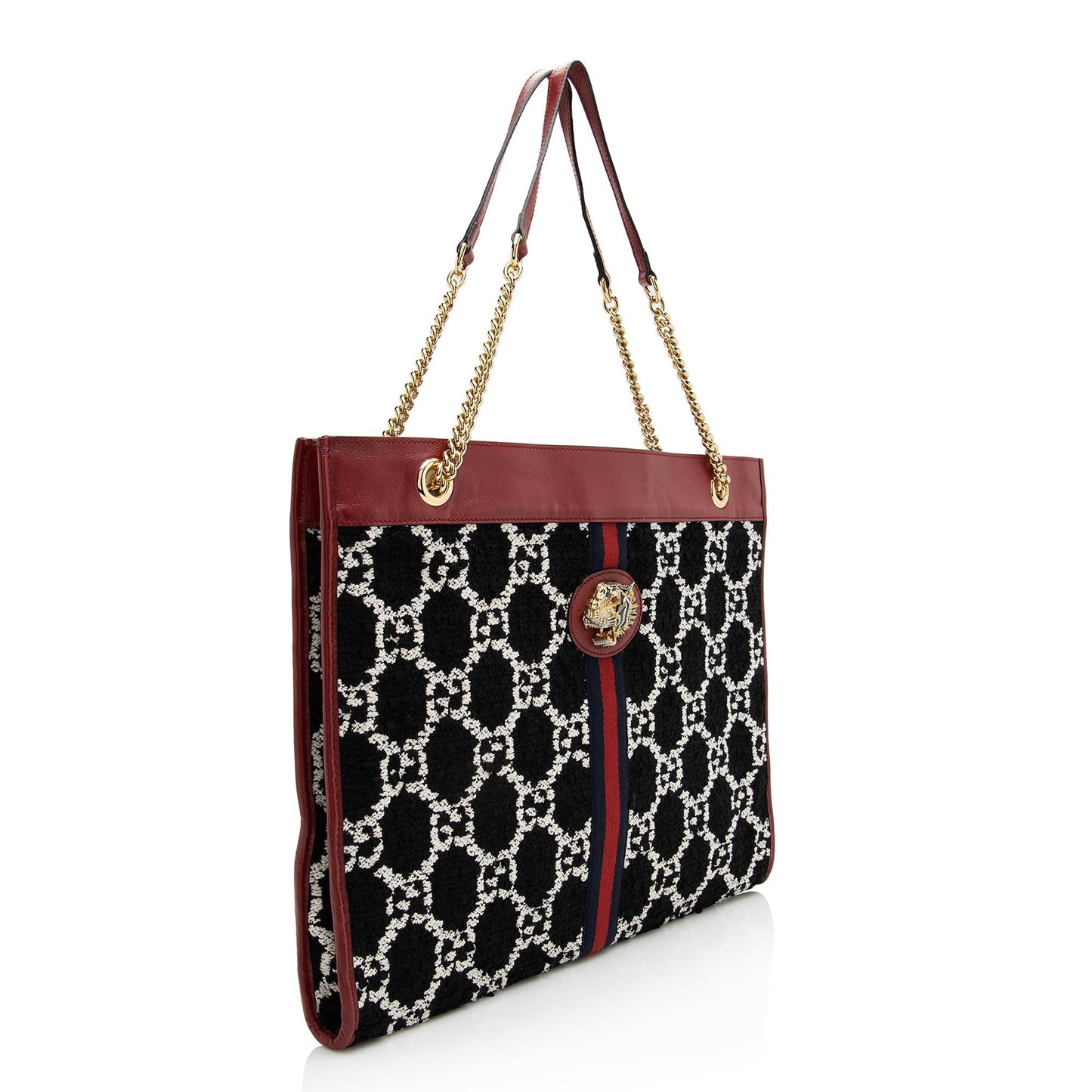 Gucci Tweed Rajah SHF Leather Nylon Black White Tote Bag