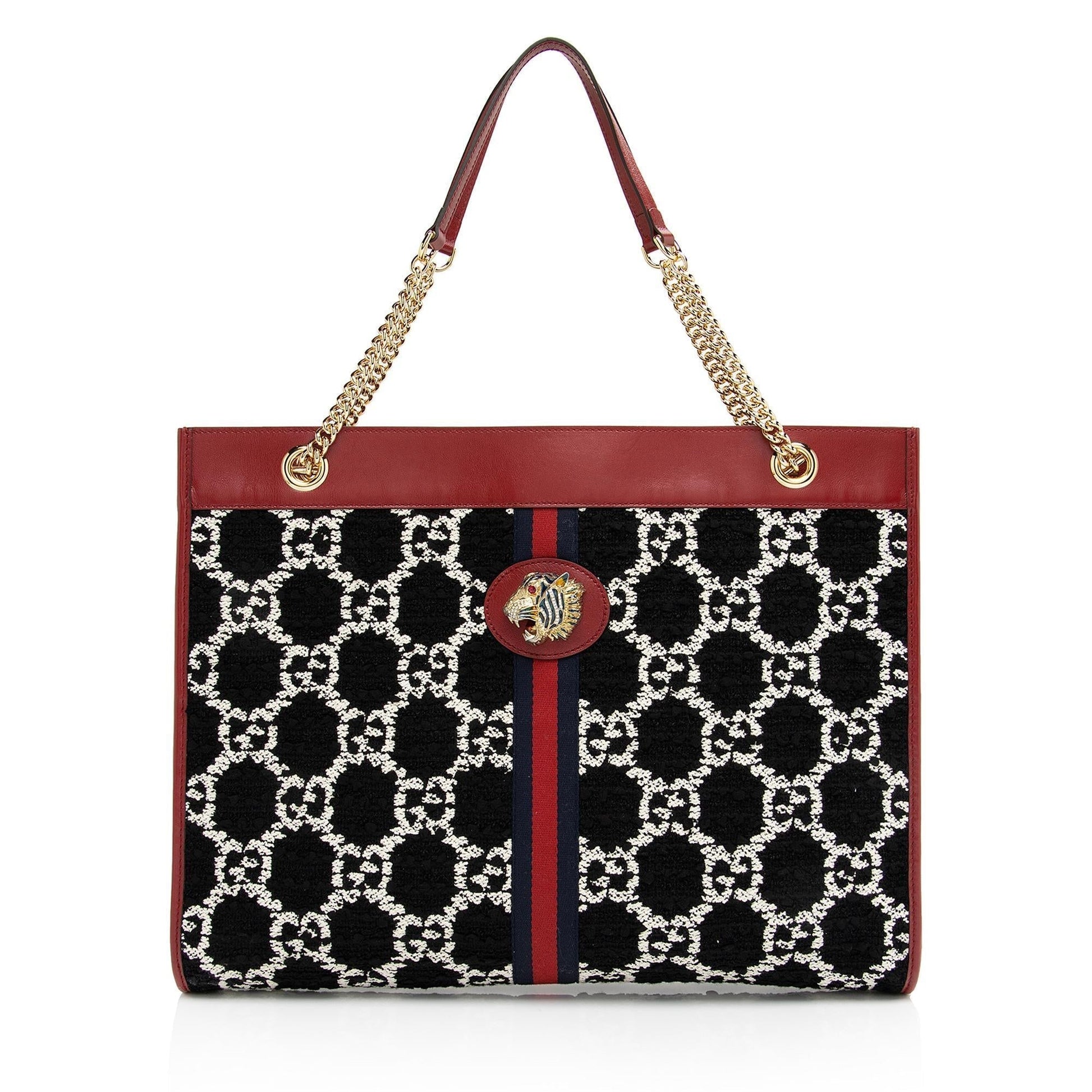Gucci Tweed Rajah SHF-LR1VlY Leather Nylon Black White Tote Bag