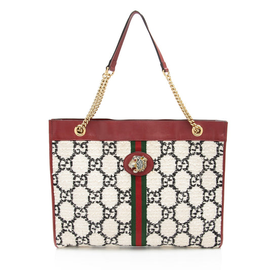 Gucci Tweed Rajah Leather Nylon White Red Tote Bag