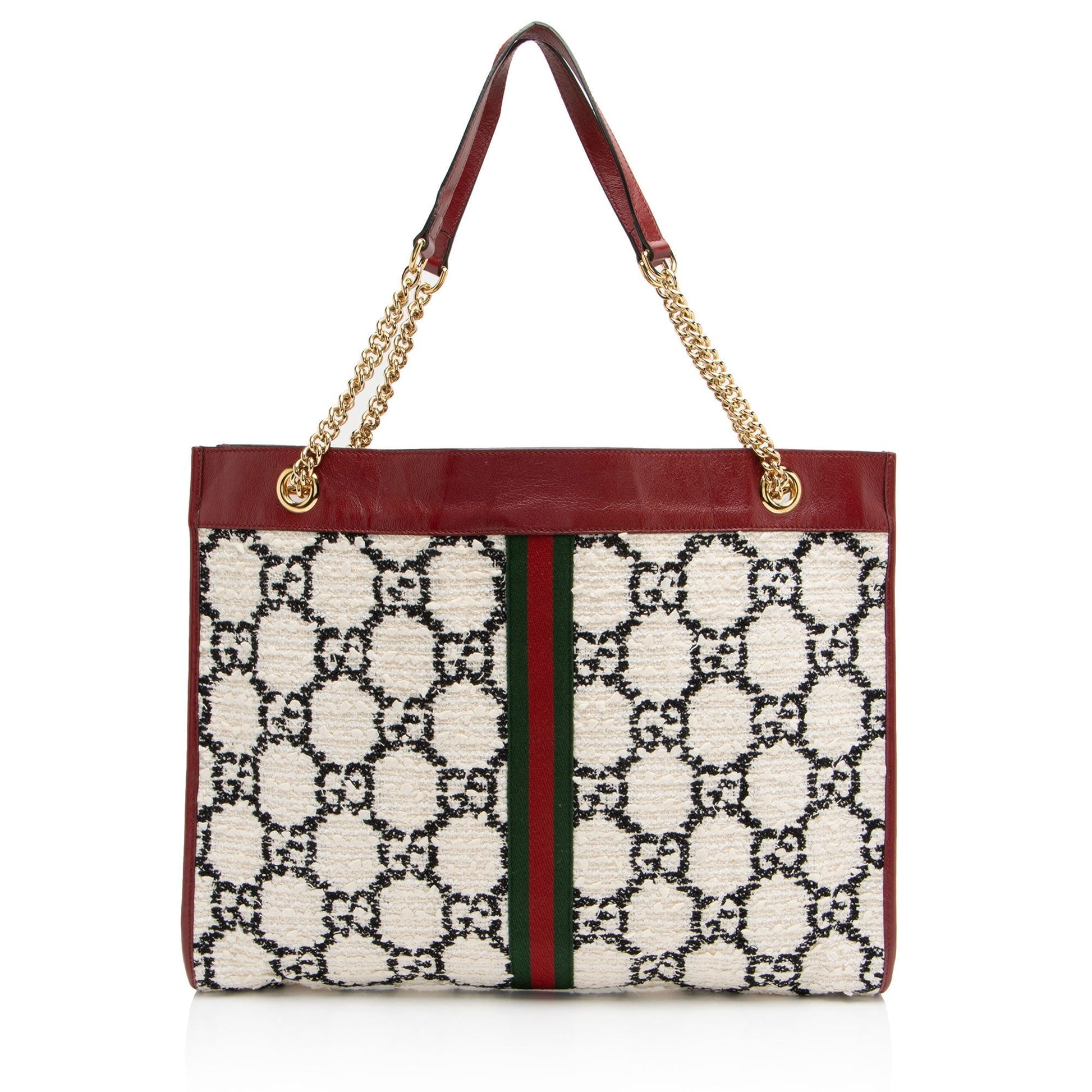 Gucci GG Tweed Rajah Leather Nylon White Red Tote Bag