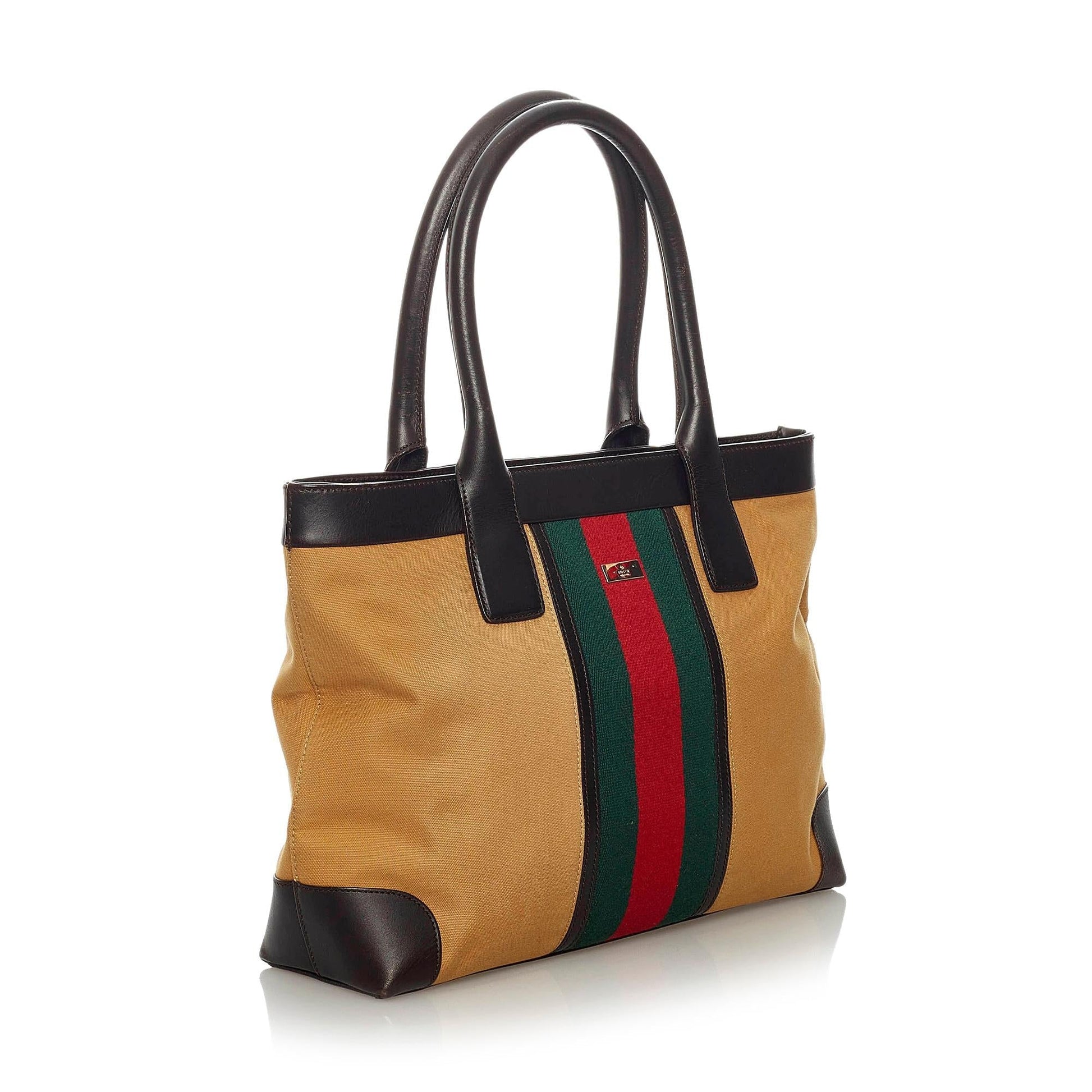 Gucci Web SHG Canvas Brown Tote Bag Bag Shg