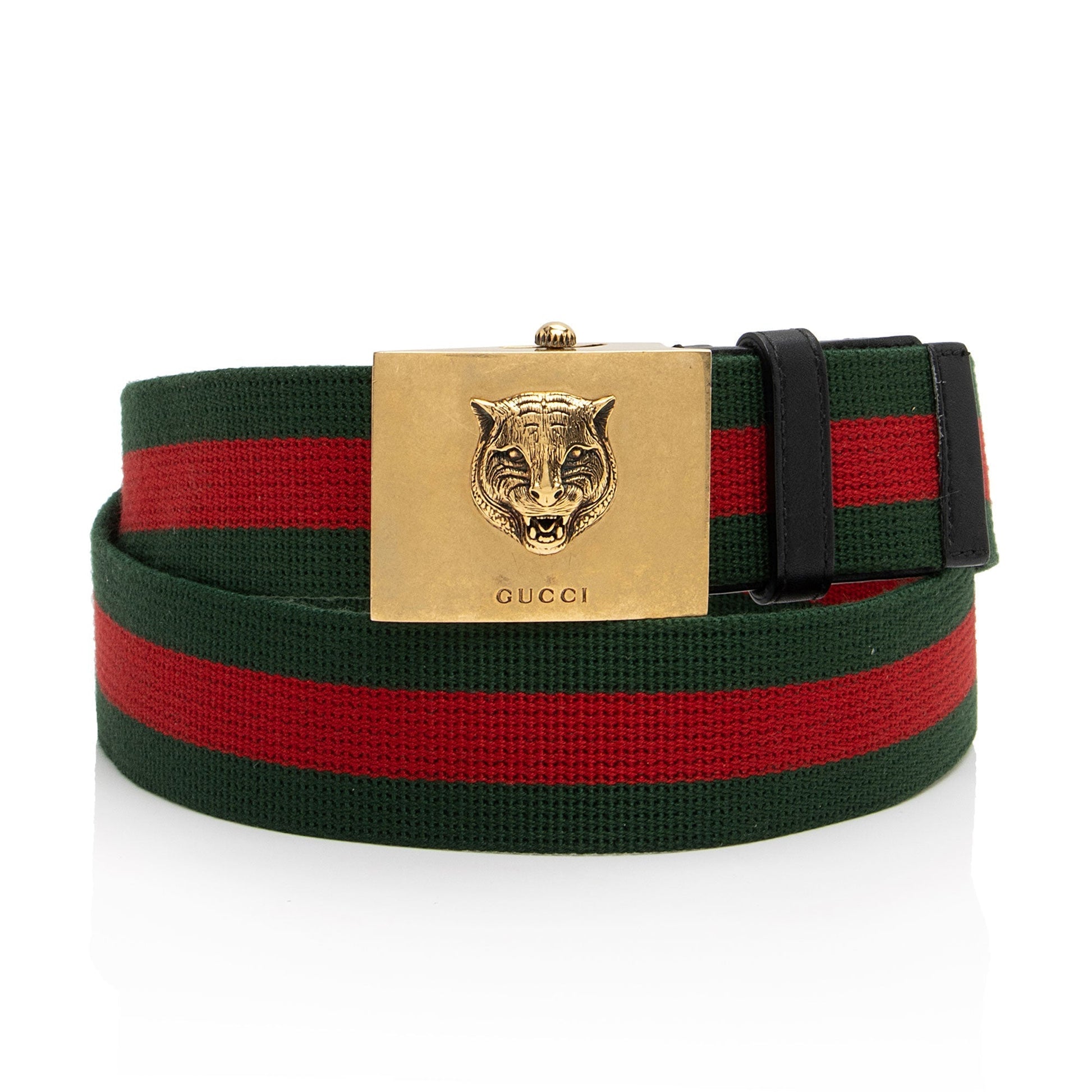 Gucci Web Feline Buckle Belt - Leather Nylon Black Red Accessory