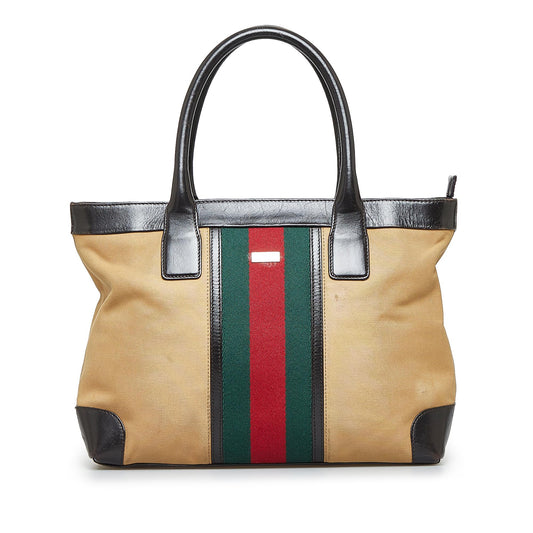 Gucci Web SHG-C31ysV Canvas Calf Brown Tote Bag