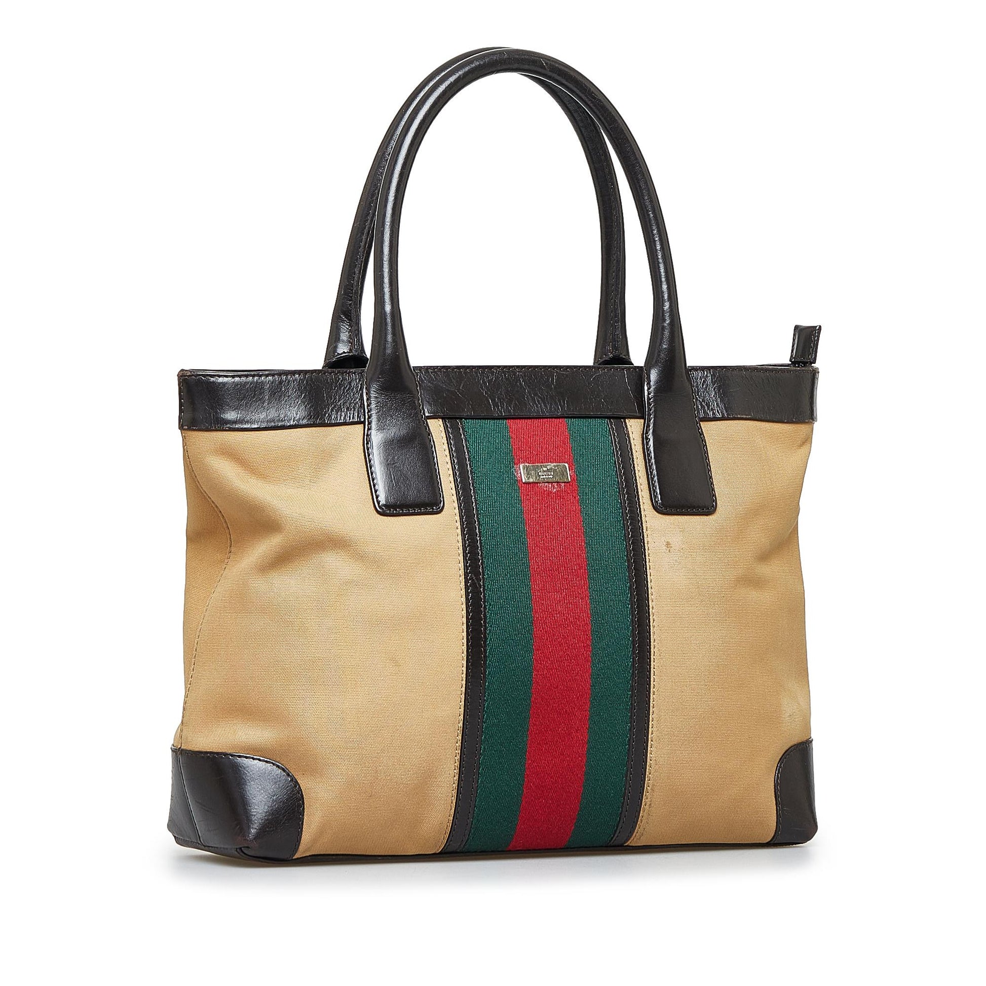 Gucci Web SHG-C31ysV Canvas Calf Brown Tote Bag