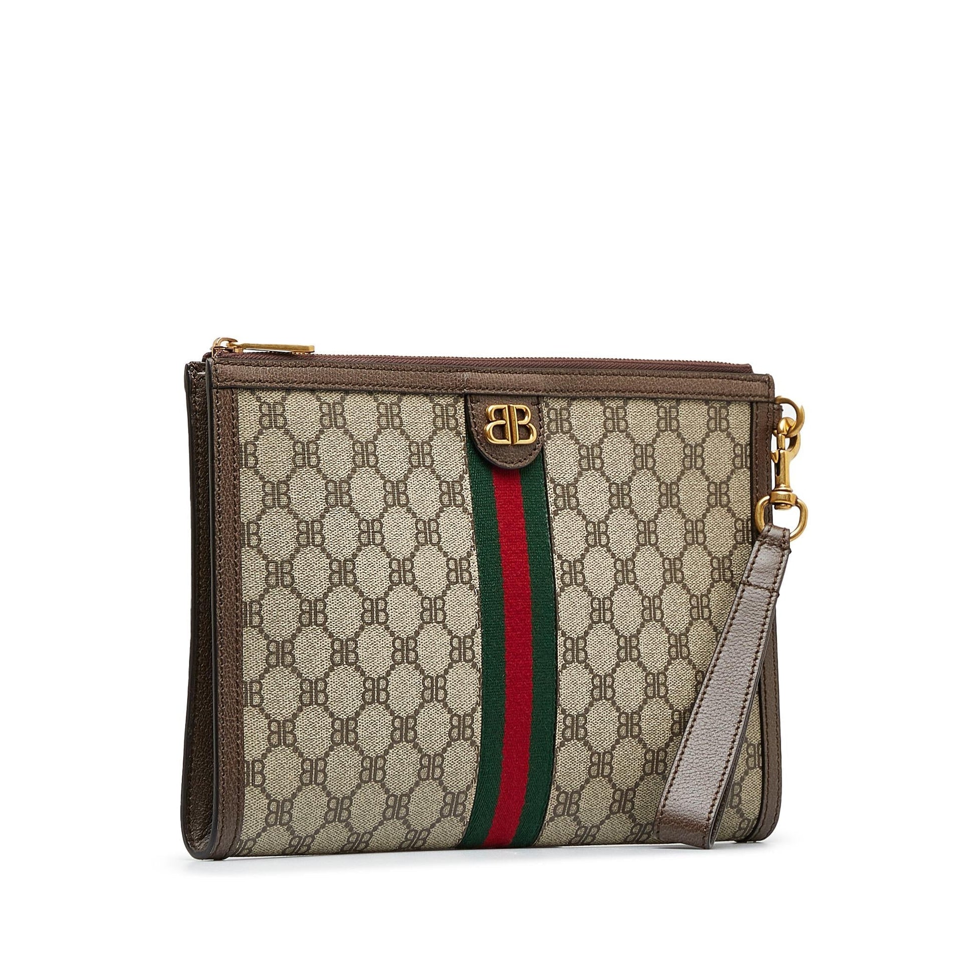 Gucci X Balenciaga BB Supreme Ophidia Canvas Brown Clutch Bag Shg Rbaqbn