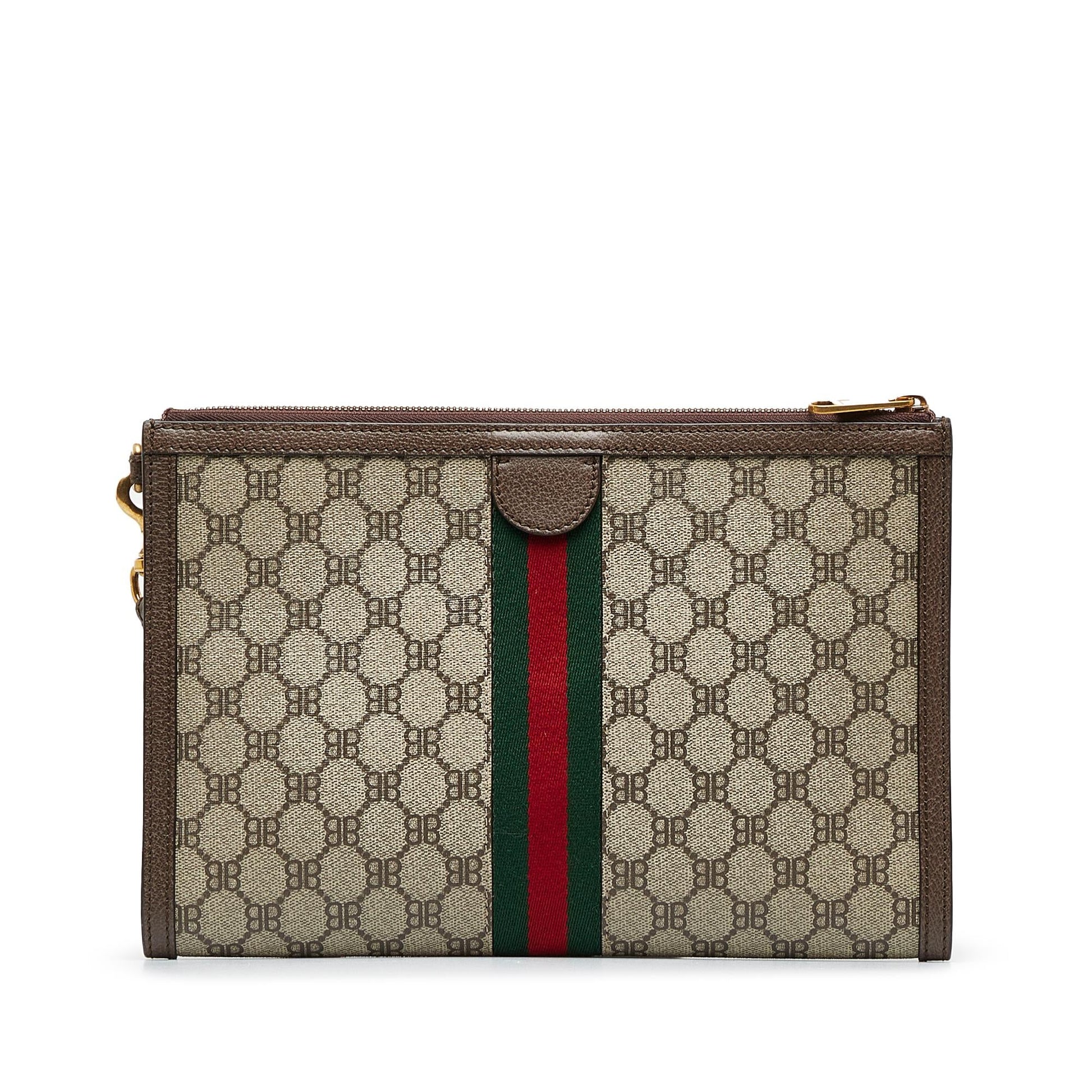 Gucci X Balenciaga BB Supreme Ophidia Canvas Brown Clutch Bag Web Clutch