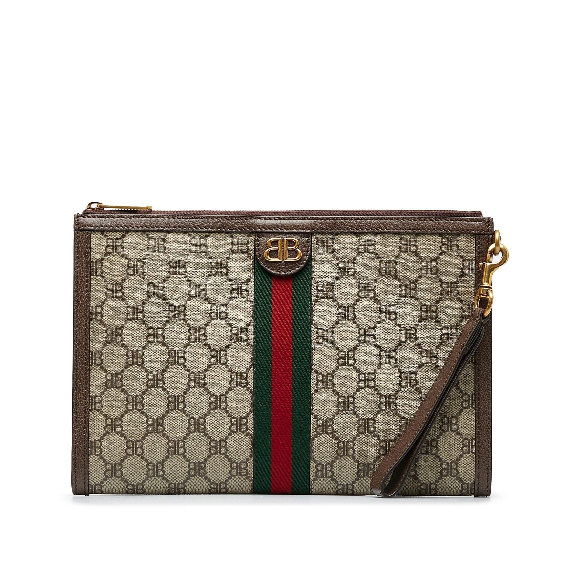 Gucci X Balenciaga BB Supreme Ophidia Canvas Brown Clutch Bag Web Clutch