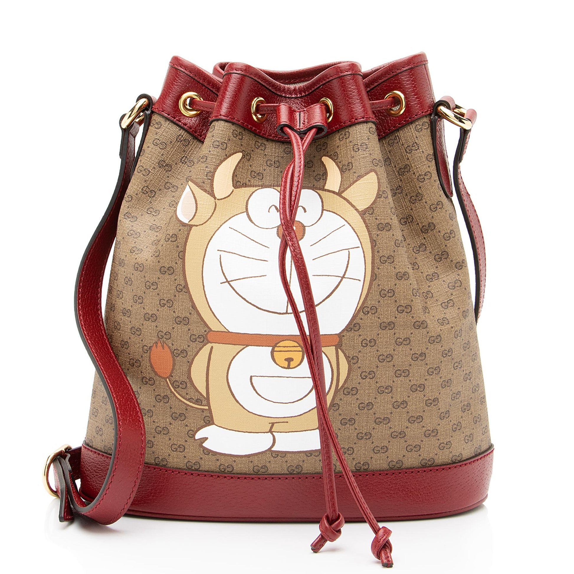 Gucci x Doraemon Micro GG Bucket Leather Canvas Brown Red Crossbody Bag