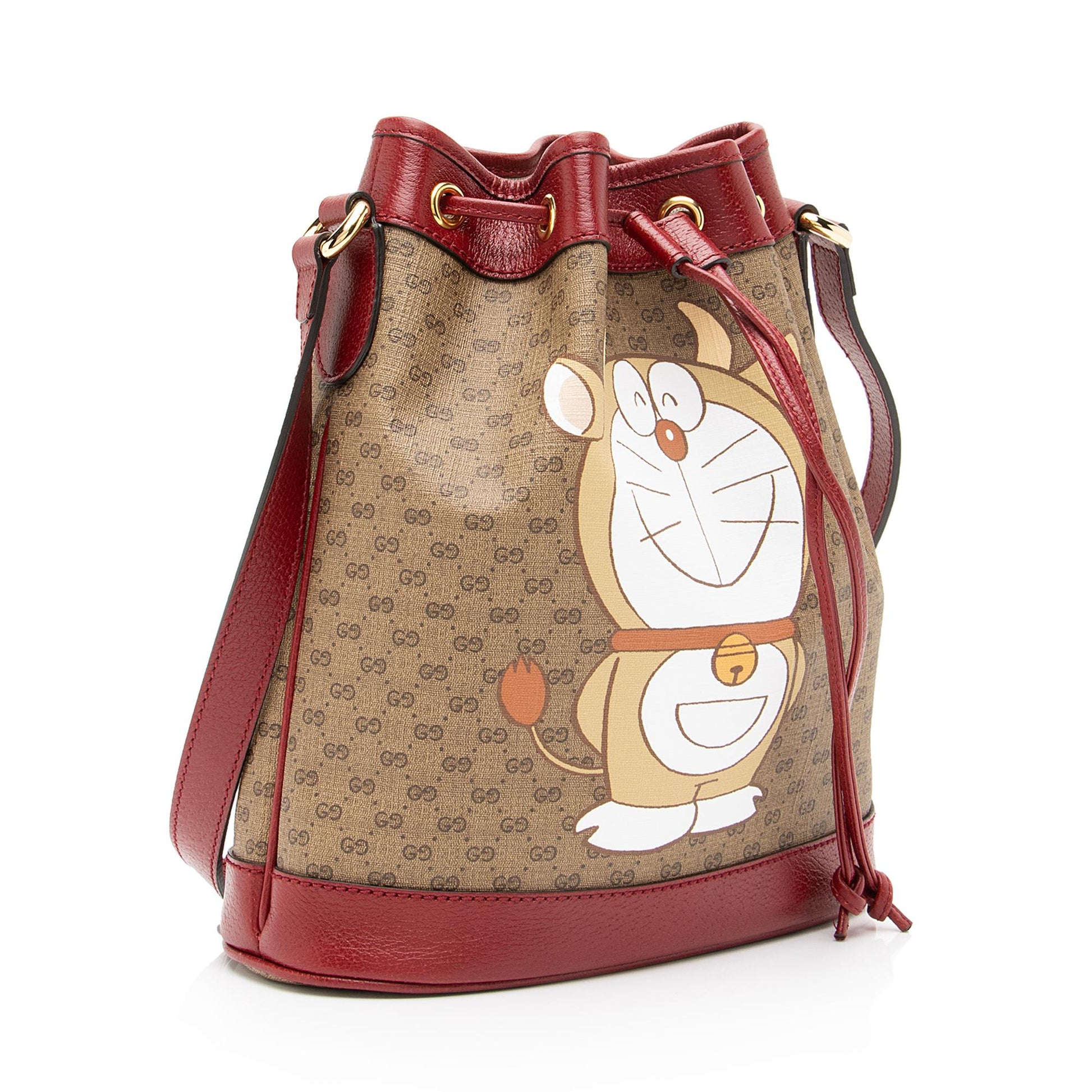 Gucci x Doraemon Micro GG Bucket Leather Canvas Brown Red Crossbody Bag