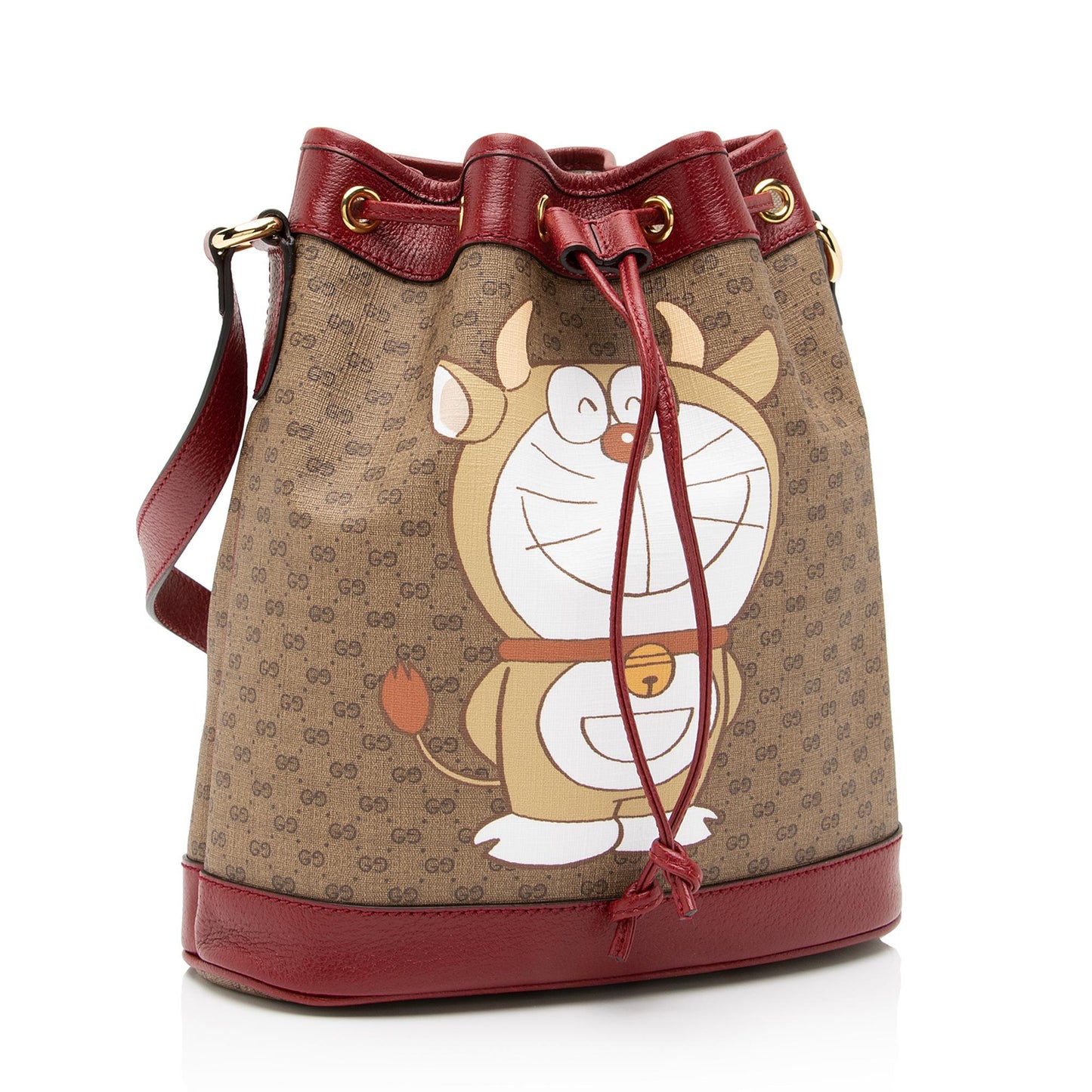 Gucci X Doraemon Micro GG Bucket Leather Canvas Brown Red Crossbody Bag Bag Shf