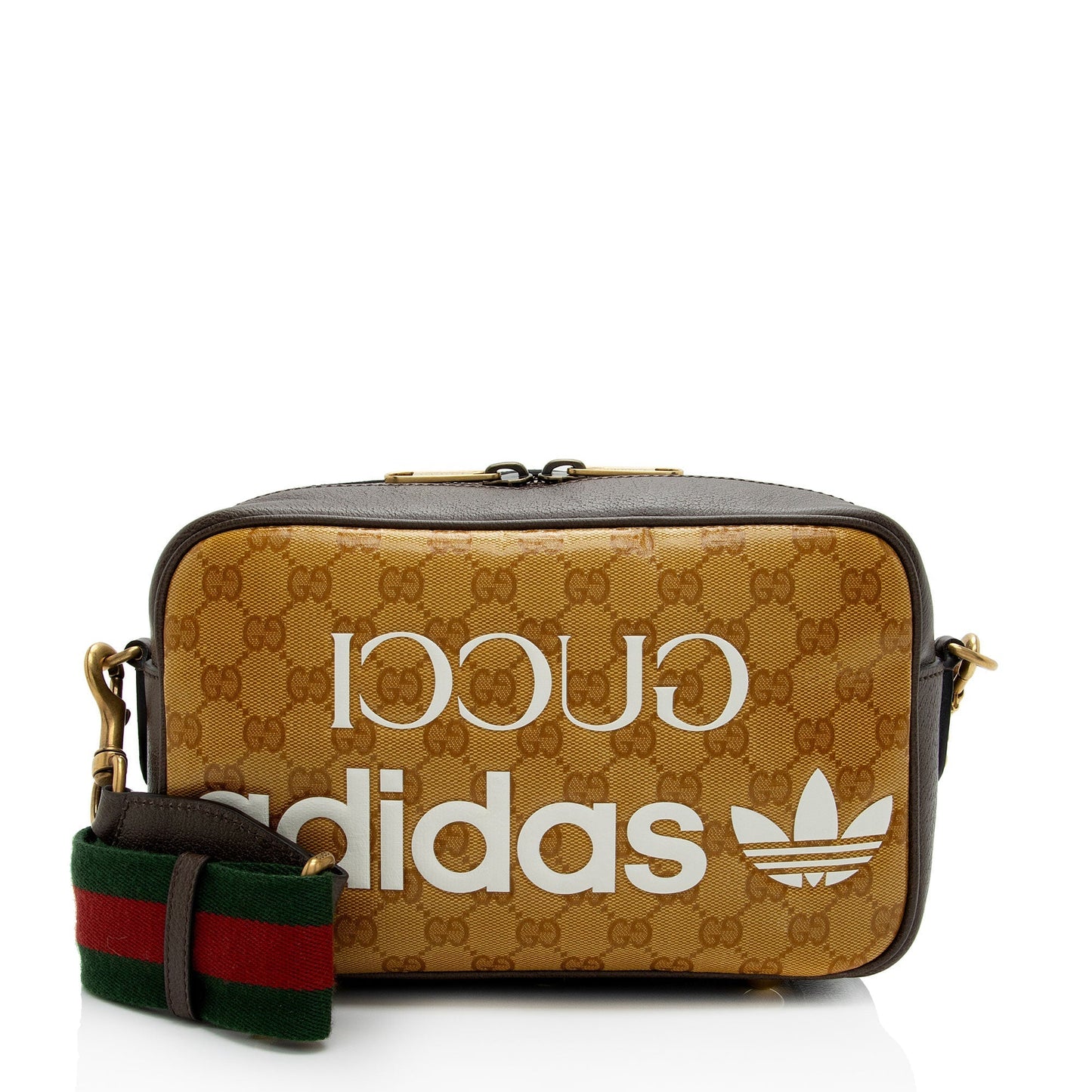 Gucci x Adidas GG Crystal Web Leather Canvas Nylon Brown Crossbody Bag