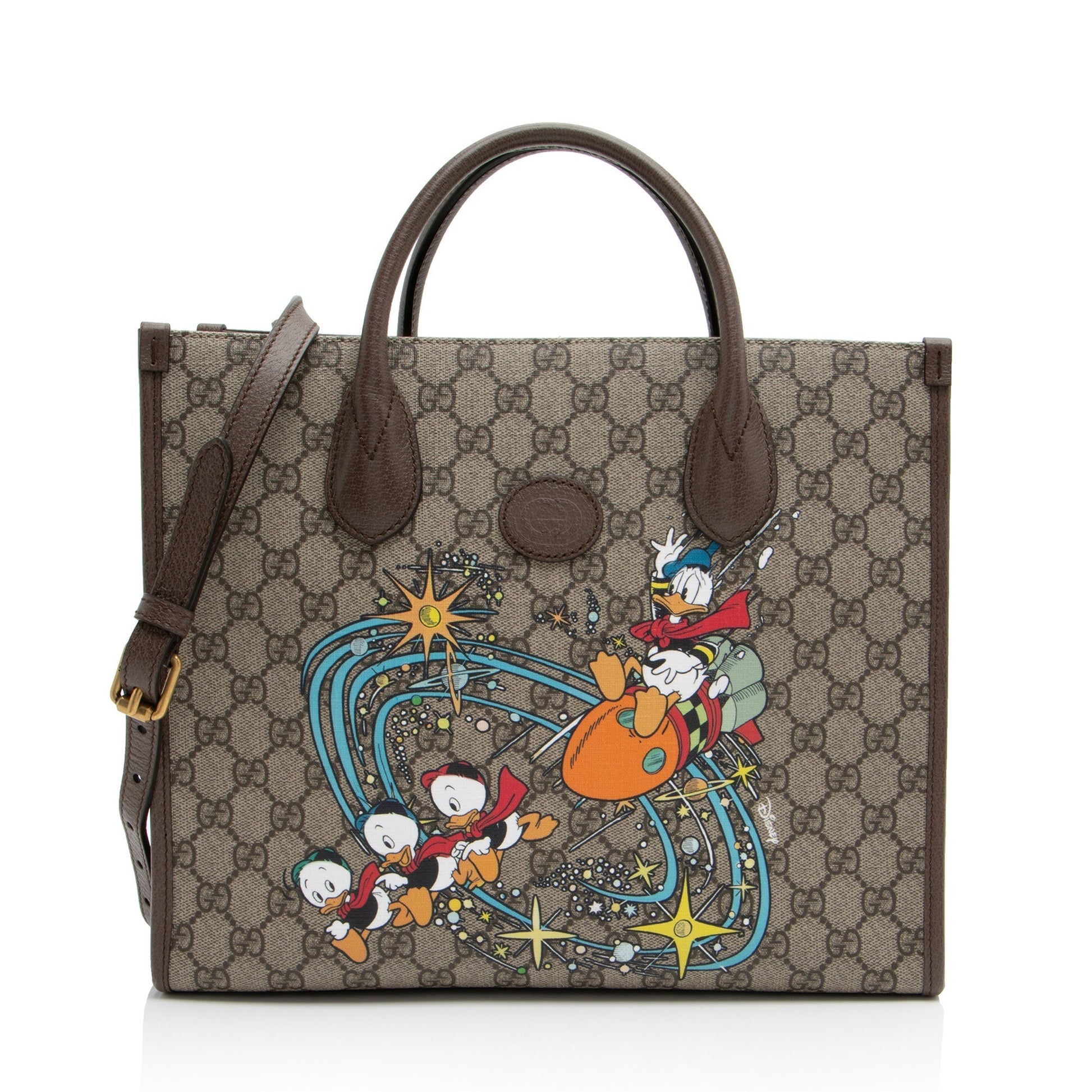 Gucci x Disney GG Supreme Donald Leather Canvas Brown Medium Tote Bag