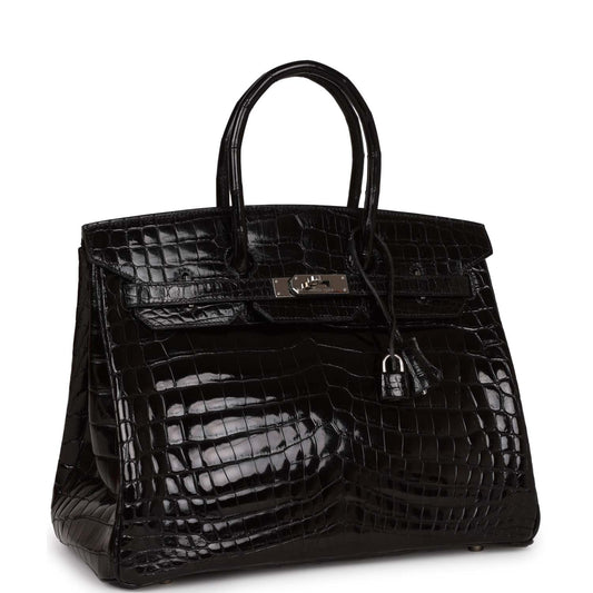 Hermes Birkin Shiny Porosus Crocodile Palladium Hardware Handbag Black Travel Bag
