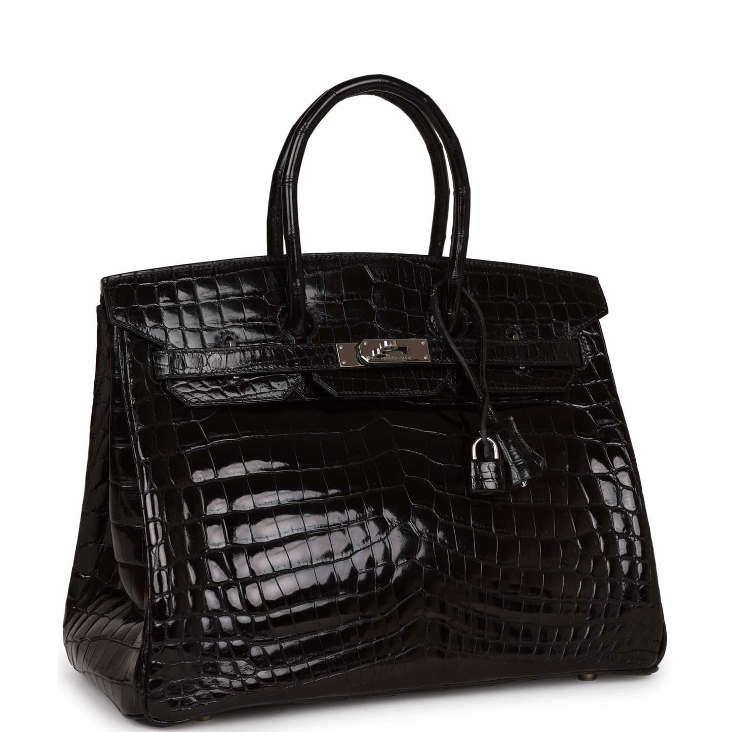 Hermes Birkin Shiny Porosus Crocodile Palladium Hardware Handbag Black Travel Bag