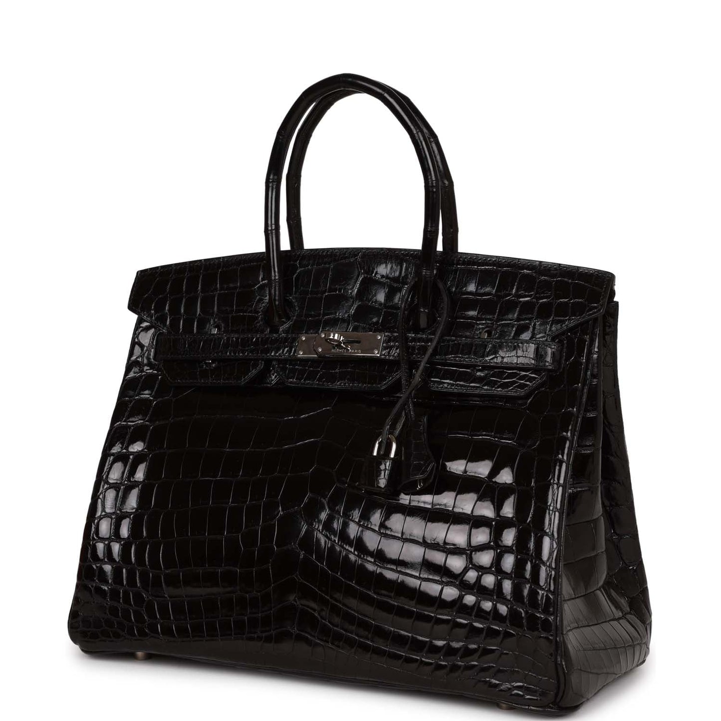 Hermes Birkin Shiny Porosus Crocodile Palladium Hardware Handbag Black Travel Bag