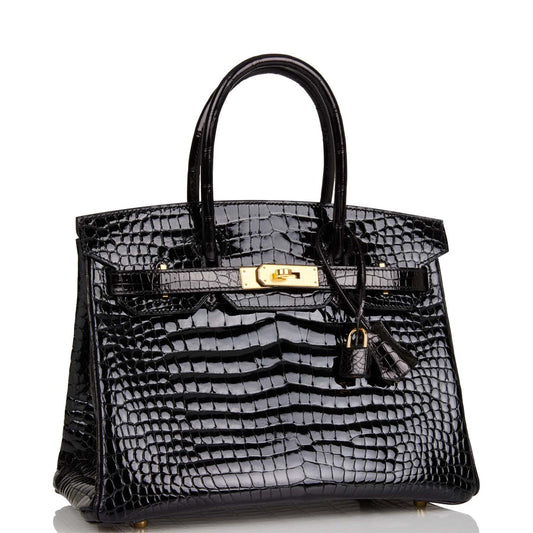 Hermes Birkin Shiny Porosus Crocodile Hardware Handbag Black Gold Travel Bag 3
