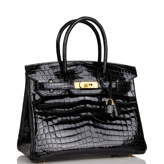 Hermes Birkin Shiny Niloticus Crocodile Hardware Handbag Black Gold Travel Bag 5