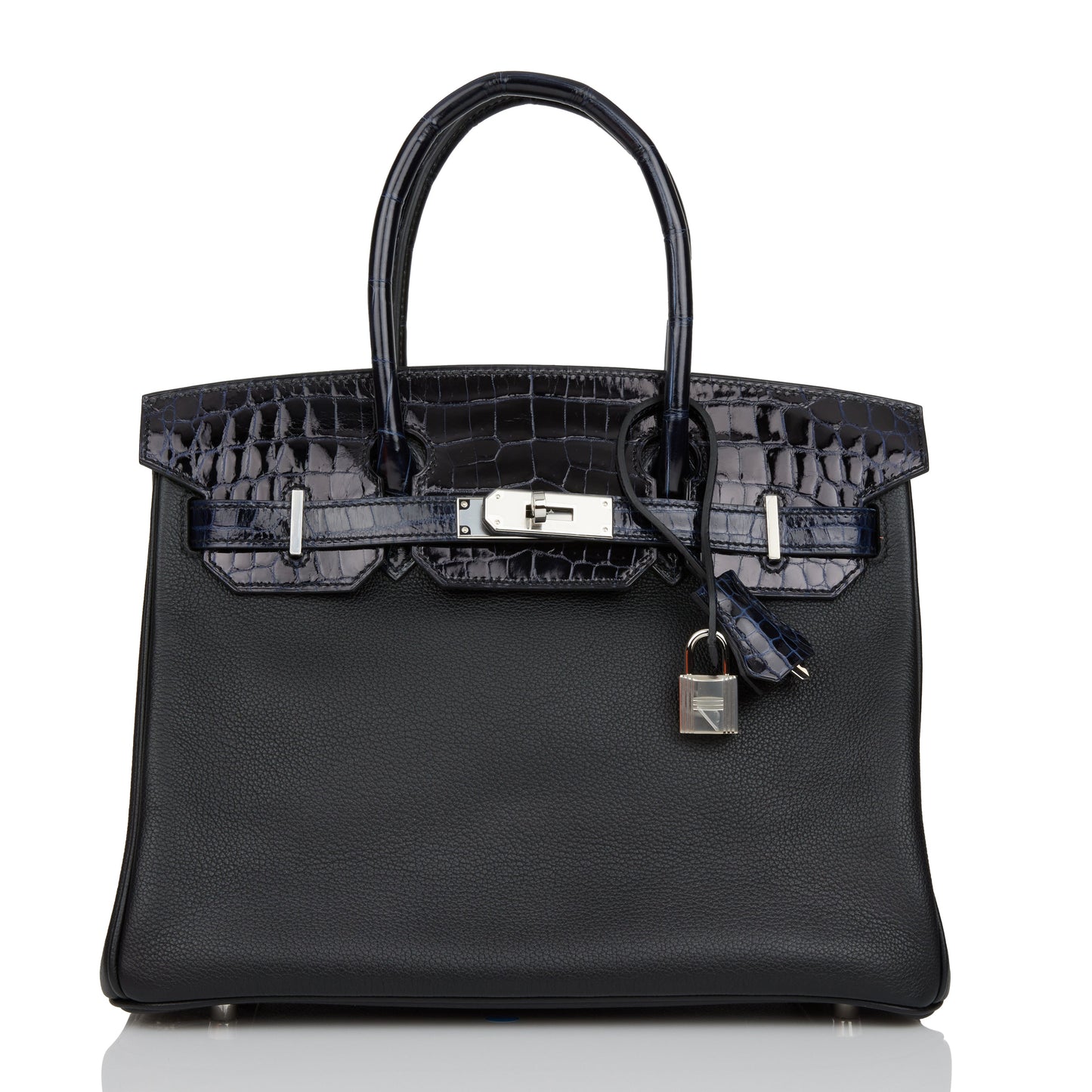 Hermes Birkin Bleu Marine Shiny Niloticus Crocodile And Black Travel Bag