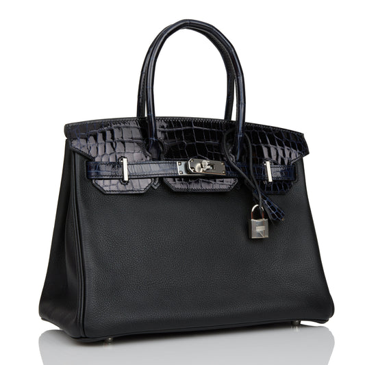 Hermes Birkin Bleu Marine Shiny Niloticus Crocodile And Black Travel Bag