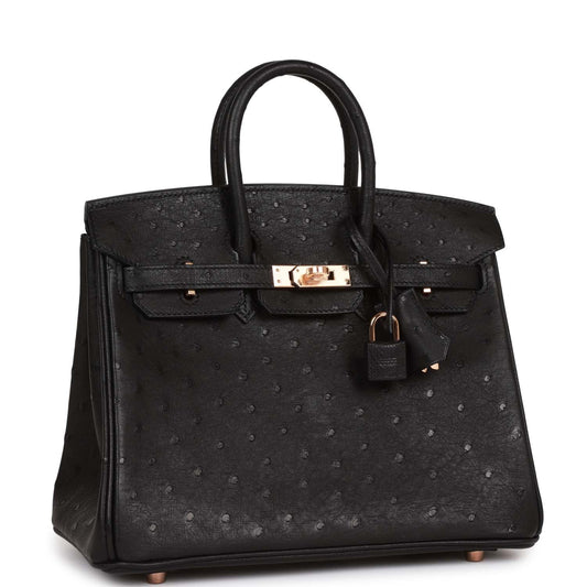 Hermes Birkin Ostrich Rose Hardware Handbag Black Gold Travel Bag Hardware 3