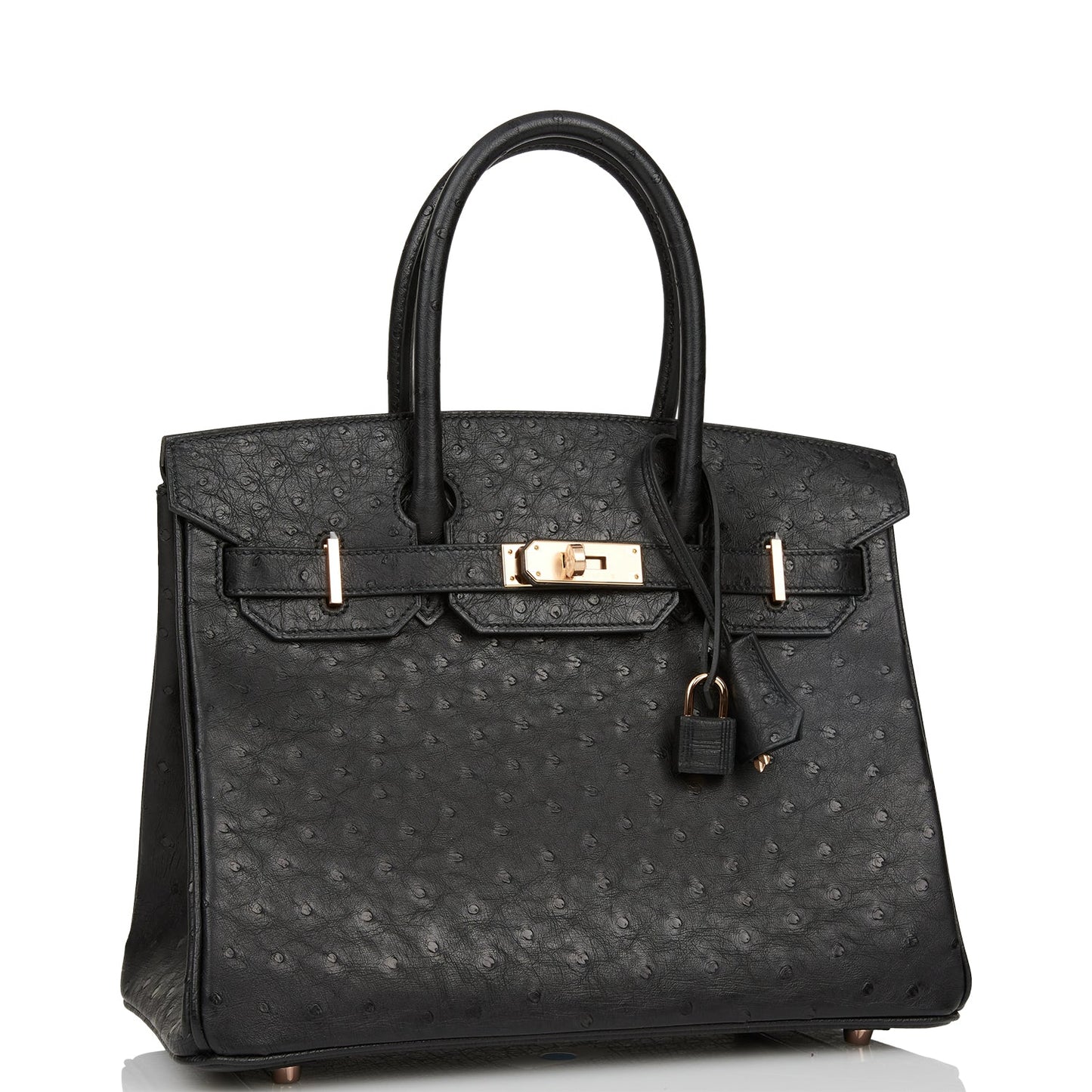 Hermes Birkin Ostrich Rose Hardware Handbag Black Gold Travel Bag Gold Hardware