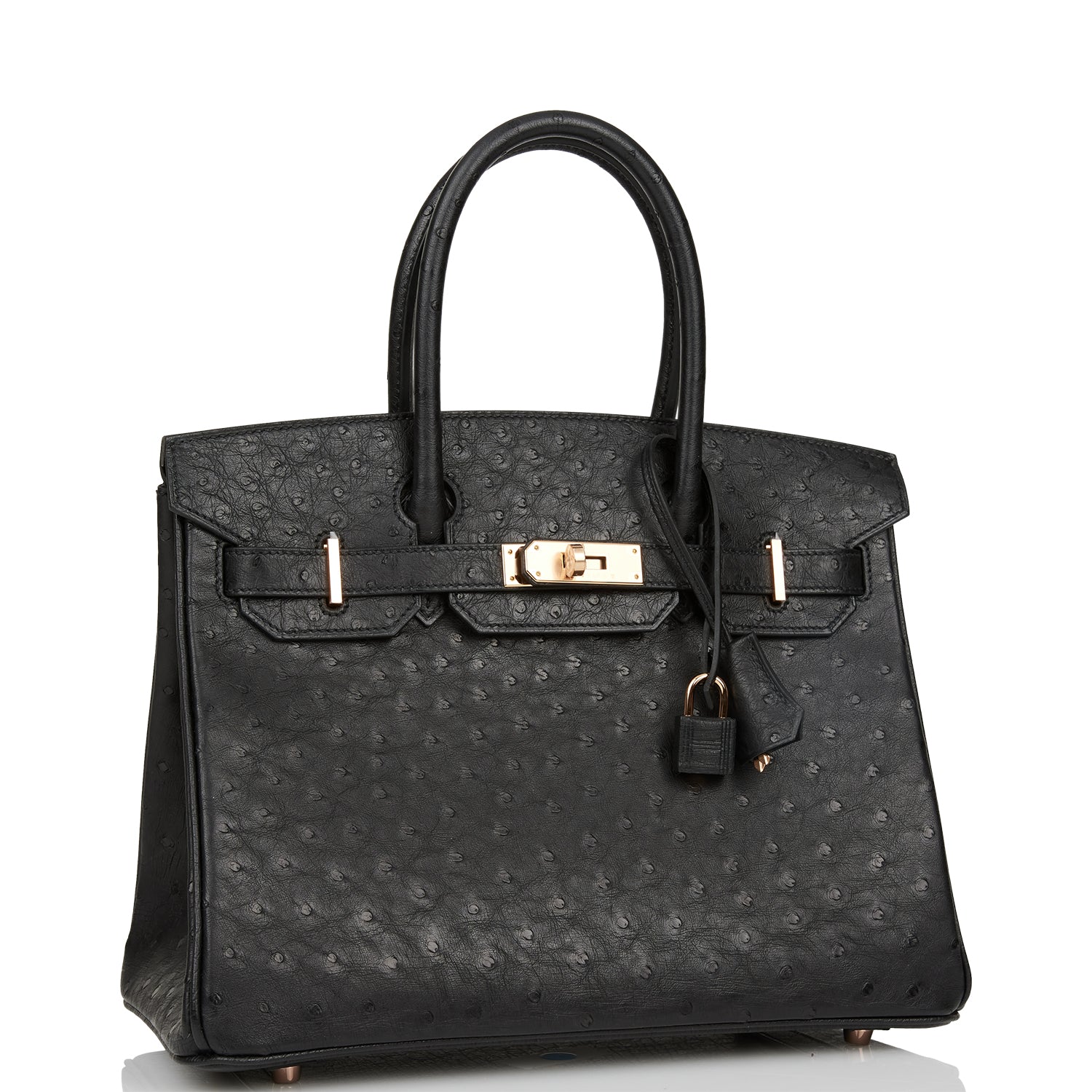 Hermes Birkin Ostrich Rose Hardware Handbag Black Gold Travel Bag Gold Hardware