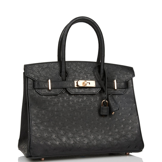 Hermes Birkin Ostrich Rose Hardware Handbag Black Gold Travel Bag Gold Hardware