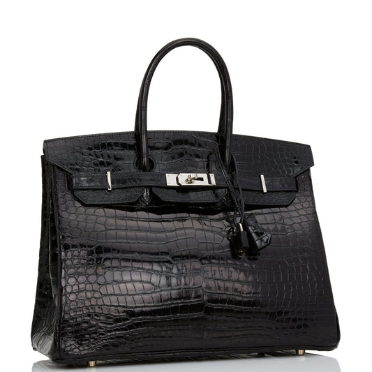 Hermes Birkin Shiny Porosus Crocodile Palladium Hardware Handbag Black Travel Bag Hardware 1