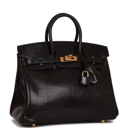 Hermes Birkin Lizard Hardware Handbag Black Gold Travel Bag