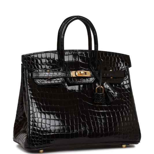 Hermes Birkin Shiny Porosus Crocodile Hardware Handbag Black Gold Travel Bag 4
