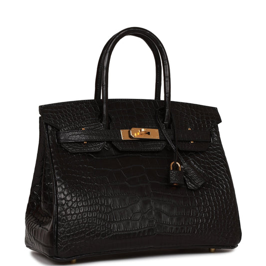 Hermes Birkin Matte Alligator Hardware Handbag Black Gold Travel Bag
