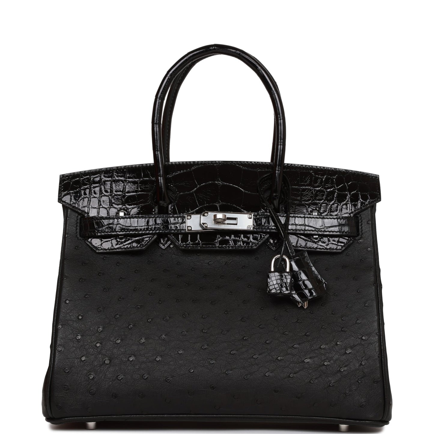 Hermes Birkin Shiny Alligator And Ostrich Touch Palladium Black Travel Bag