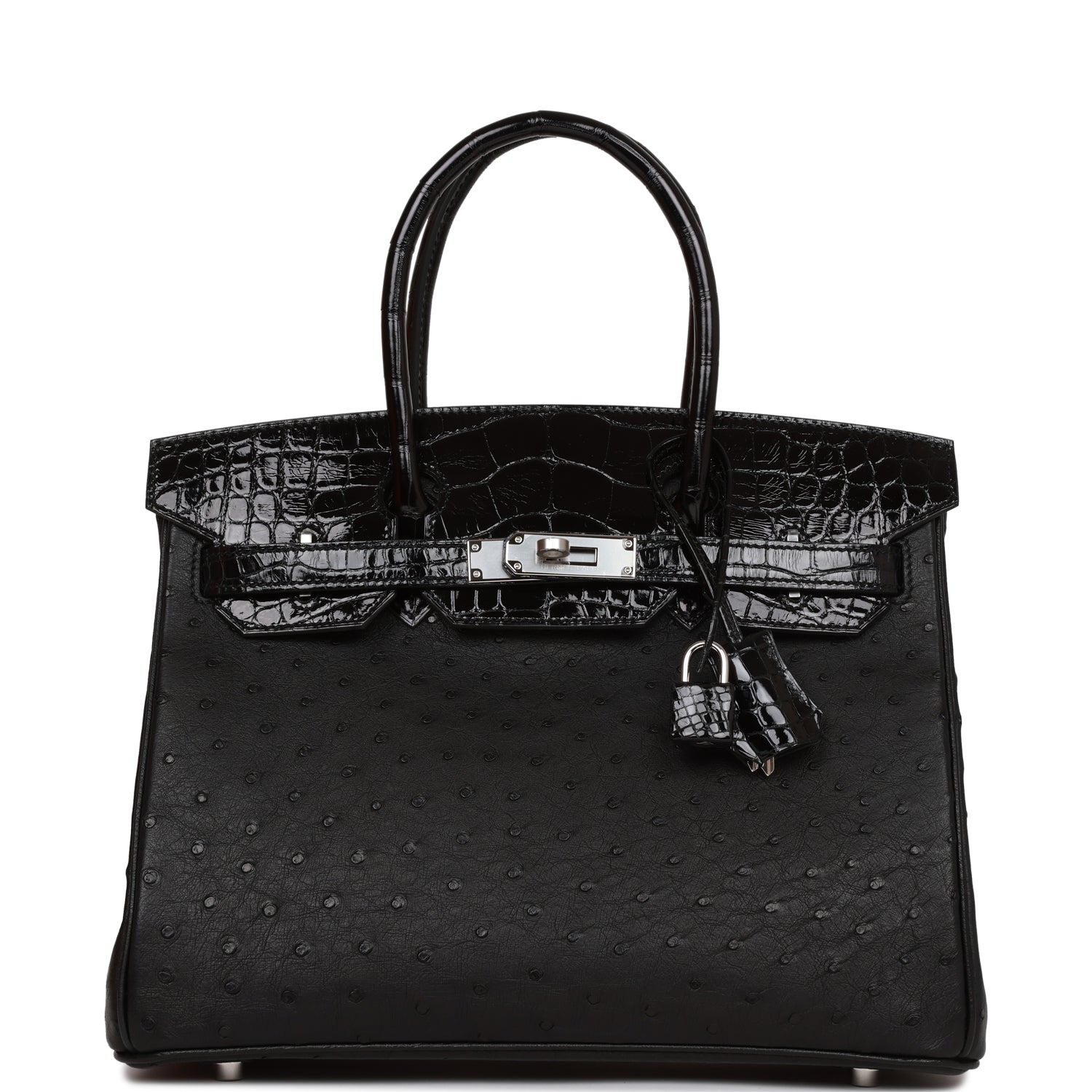Hermes Birkin Shiny Alligator And Ostrich Touch Palladium Black Travel Bag