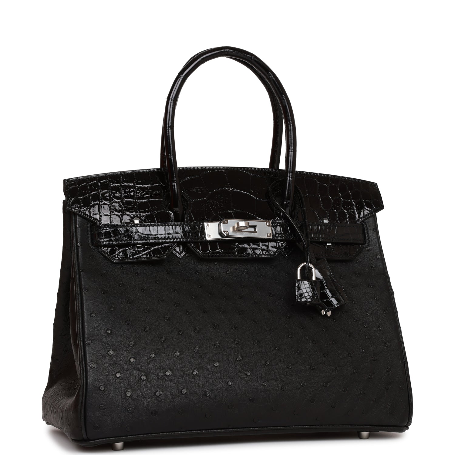 Hermes Birkin Shiny Alligator And Ostrich Touch Palladium Black Travel Bag