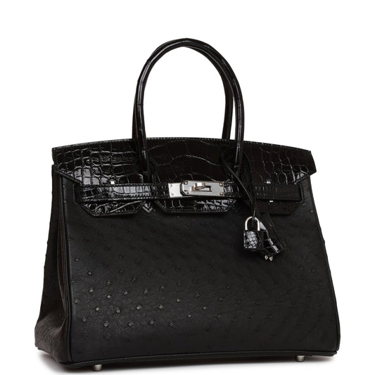 Hermes Birkin Shiny Alligator And Ostrich Touch Palladium Black Travel Bag