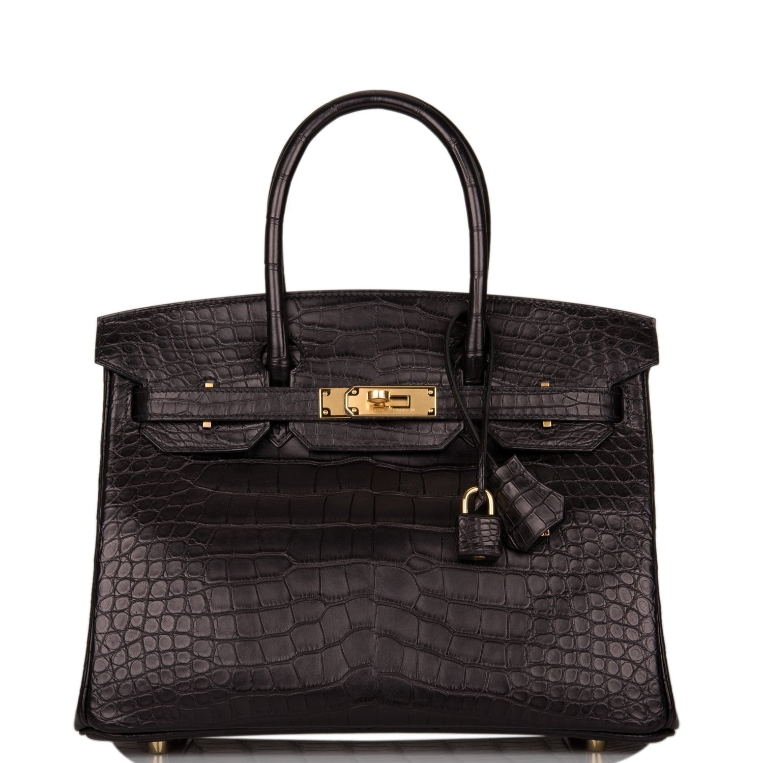 Hermes Birkin Matte Alligator Hardware Handbag Black Gold Travel Bag Gold Hardware