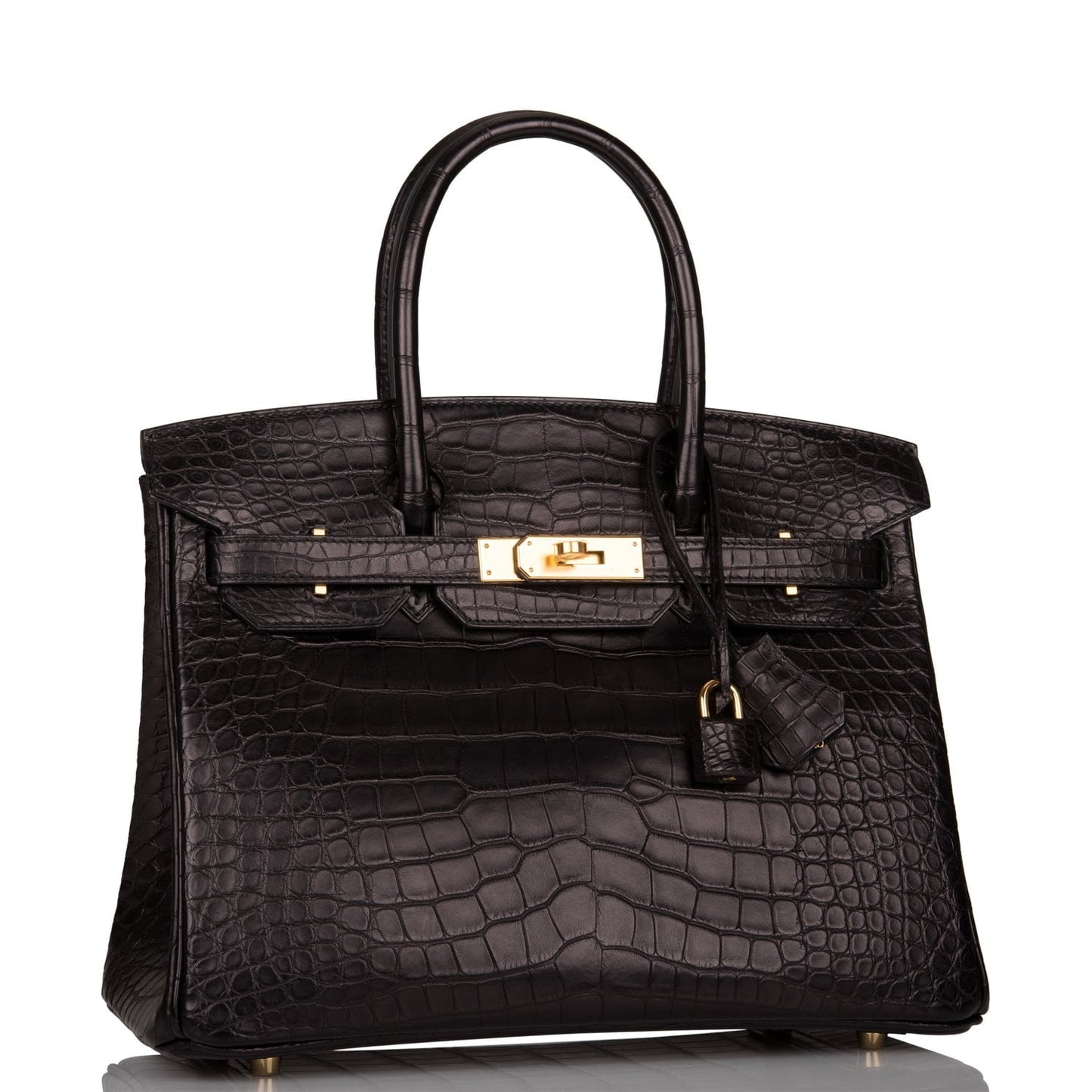 Hermes Birkin Matte Alligator Hardware Handbag Black Gold Travel Bag Gold Hardware