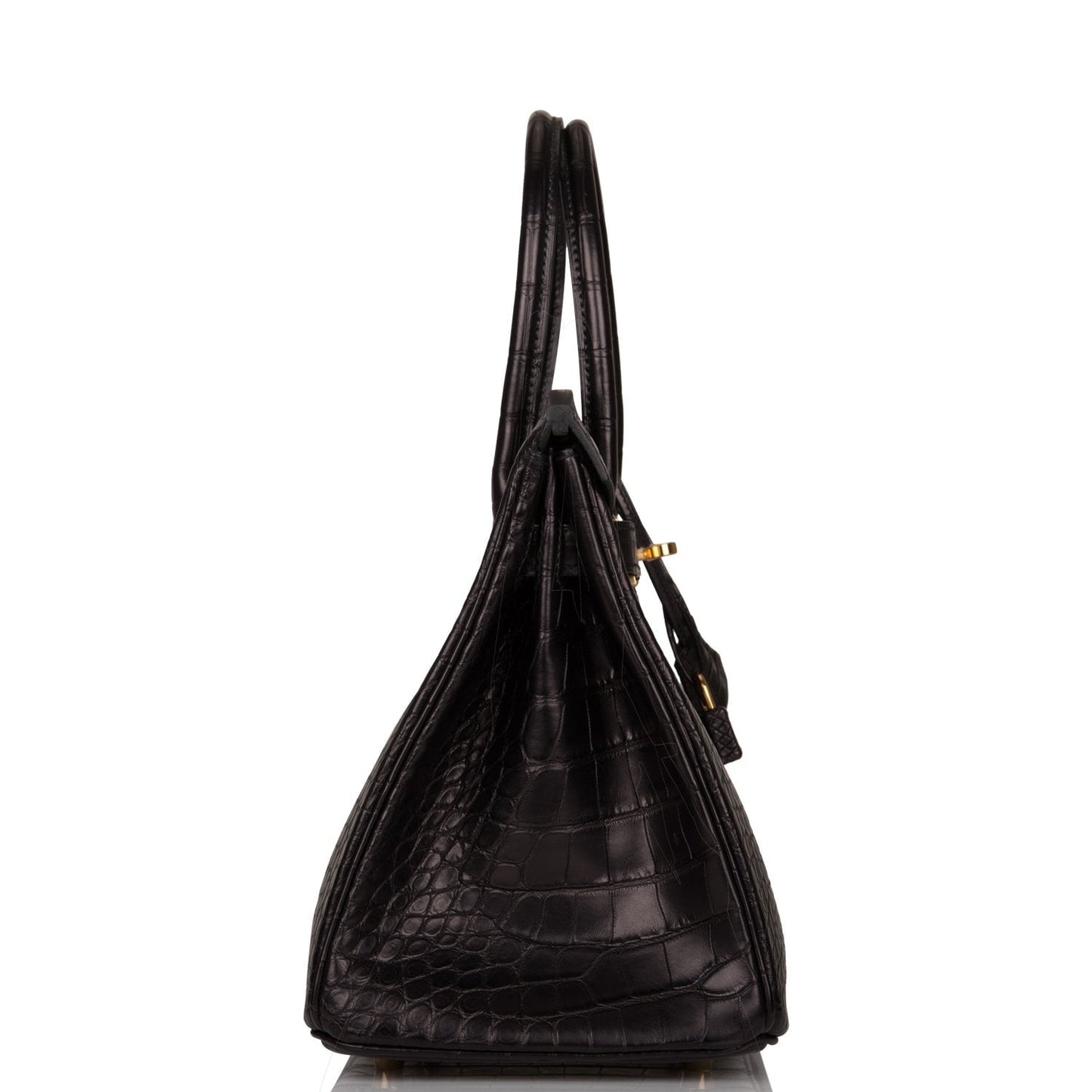 Hermes Birkin Matte Alligator Hardware Handbag Black Gold Travel Bag Gold Hardware