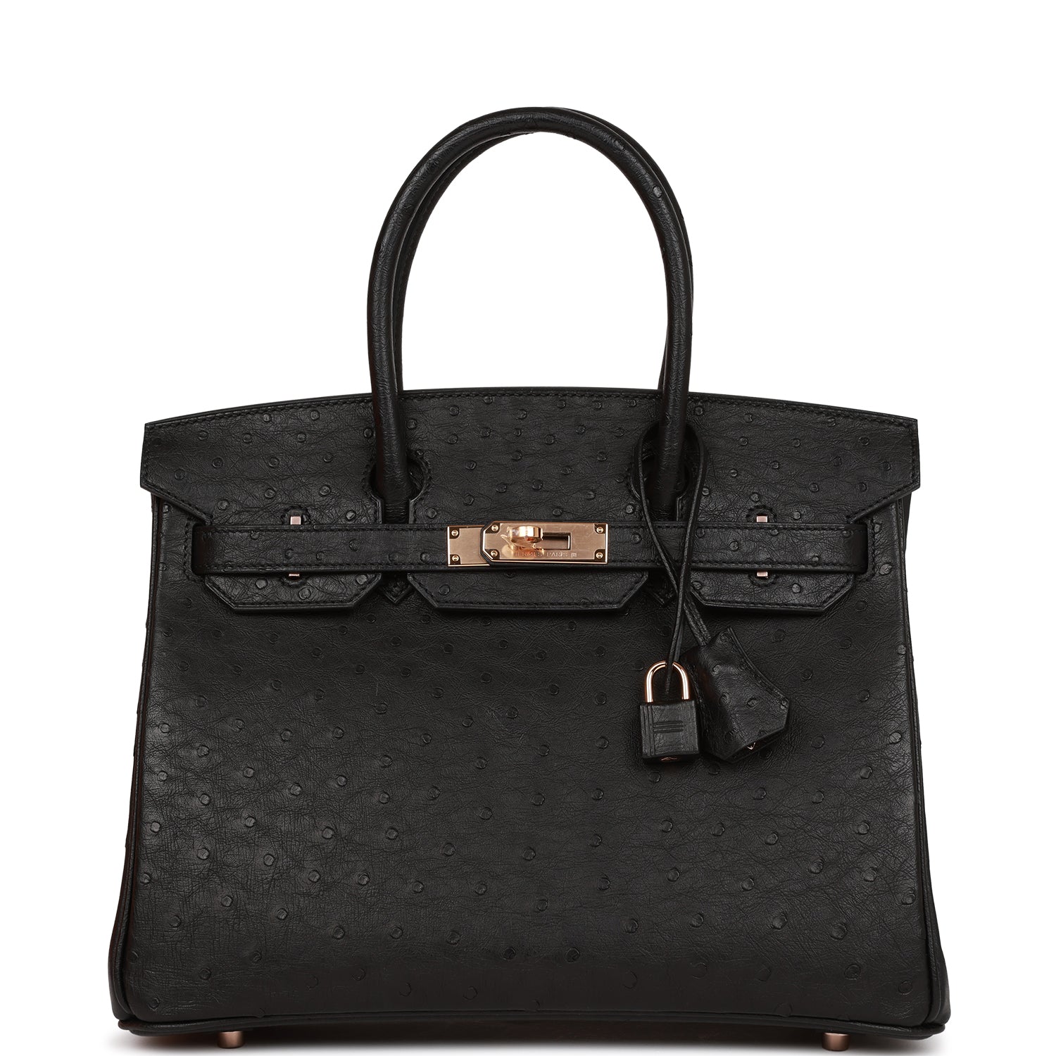 Hermes Birkin Ostrich Rose Hardware Handbag Black Gold Travel Bag