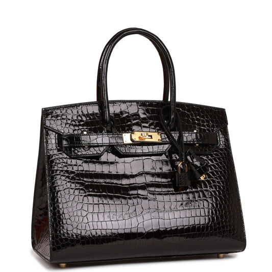 Hermes Birkin Sellier Shiny Porosus Crocodile Hardware Handbag Black Gold Travel Bag