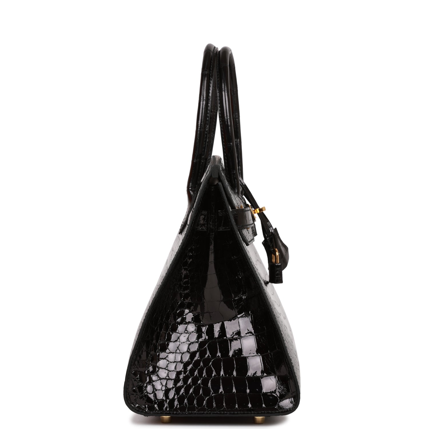 Hermes Birkin Sellier Shiny Porosus Crocodile Hardware Handbag Black Gold Travel Bag